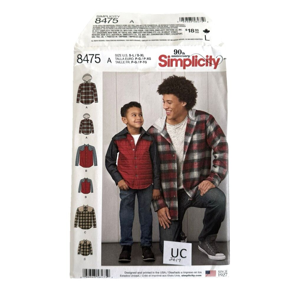 Simplicity Sewing Pattern 8475 Dad & Me Shirt Jacket Hooded Mens 34-48 Boys S-L